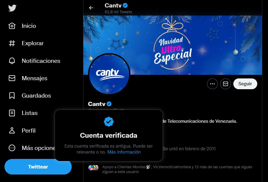 ITSCA - Cuenta verificada de CANTV en Twitter