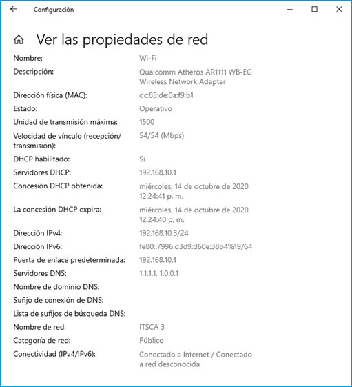 Proiedades de la red en Windows 10